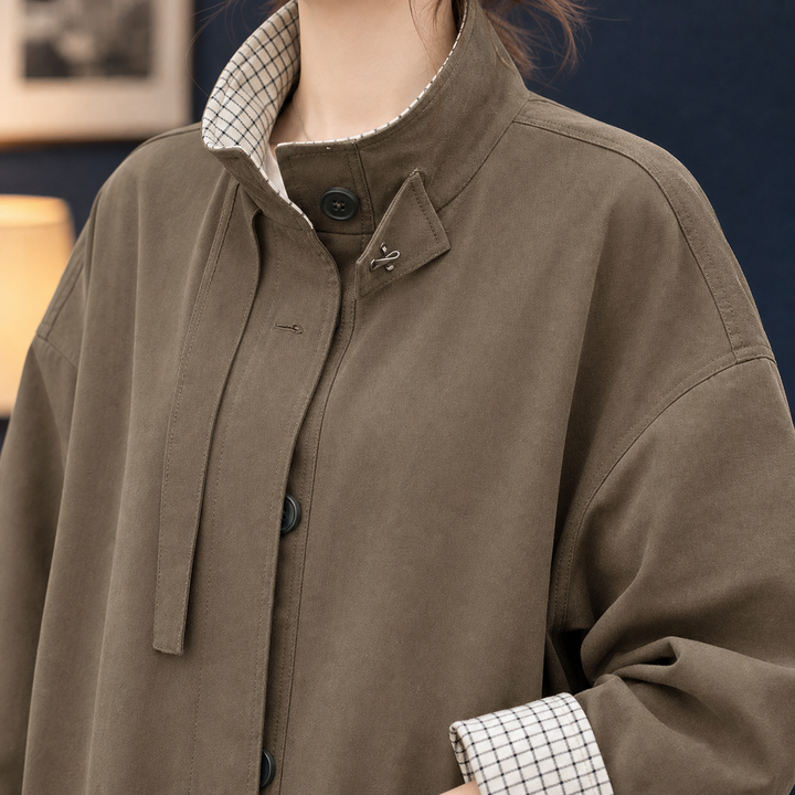 Wadebridge women's overcoat in Olive – close-up front view of check trim