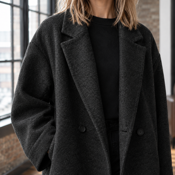 Women's Oversized Double-Breasted Wool-Blend Longline Coat Harrogate – Charcoal – lapel and button close-up