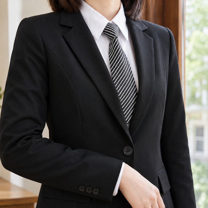 Women's Fitted Two-Button Suit Blazer with Princess Seams – Stornoway – Black – close-up of lapel, button and cuff