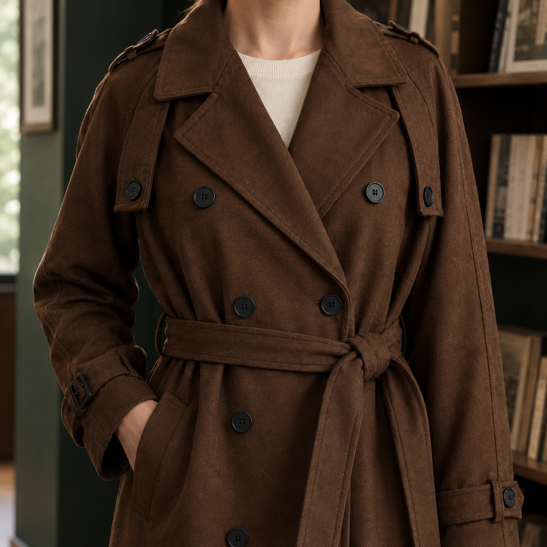 Portree women's soft-touch longline coat in Brown – lapel and belt close-up