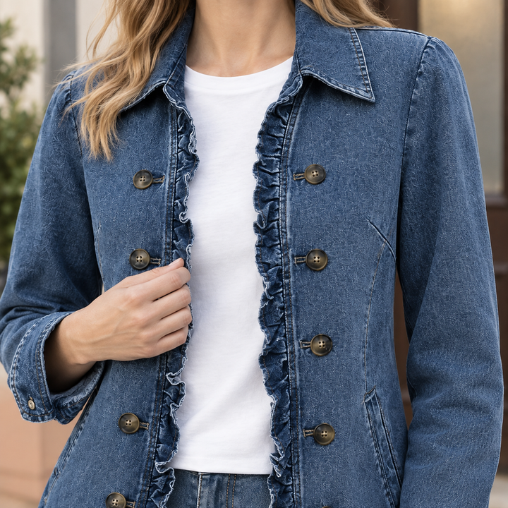 Forres women's ruffle denim jacket in Blue Denim – close-up front view