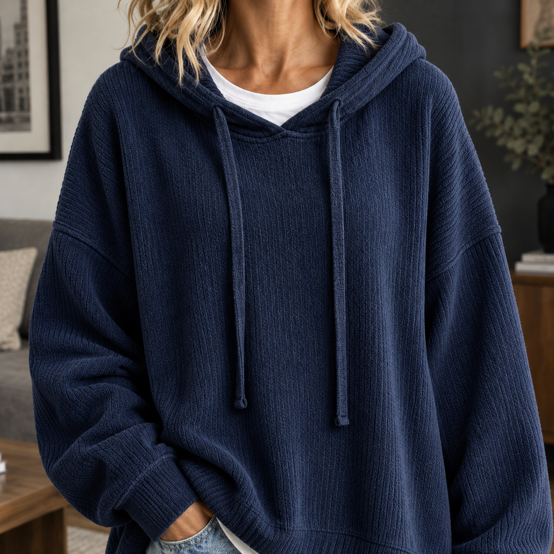 Miranda - Women's ribbed knit hoodie in Navy – close-up front view