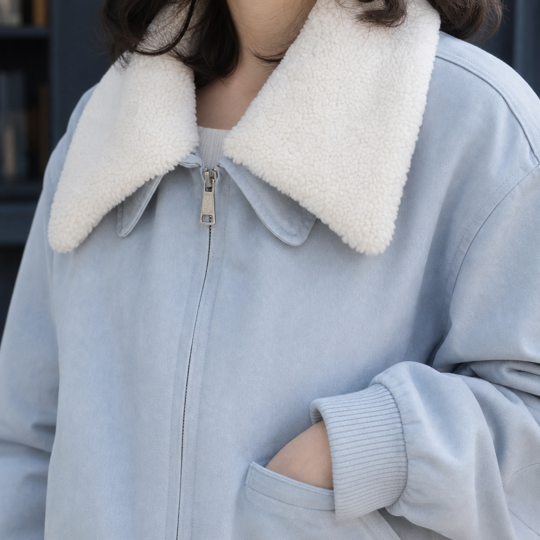 Cookham women's teddy collar jacket in Light Blue – collar and zip close-up