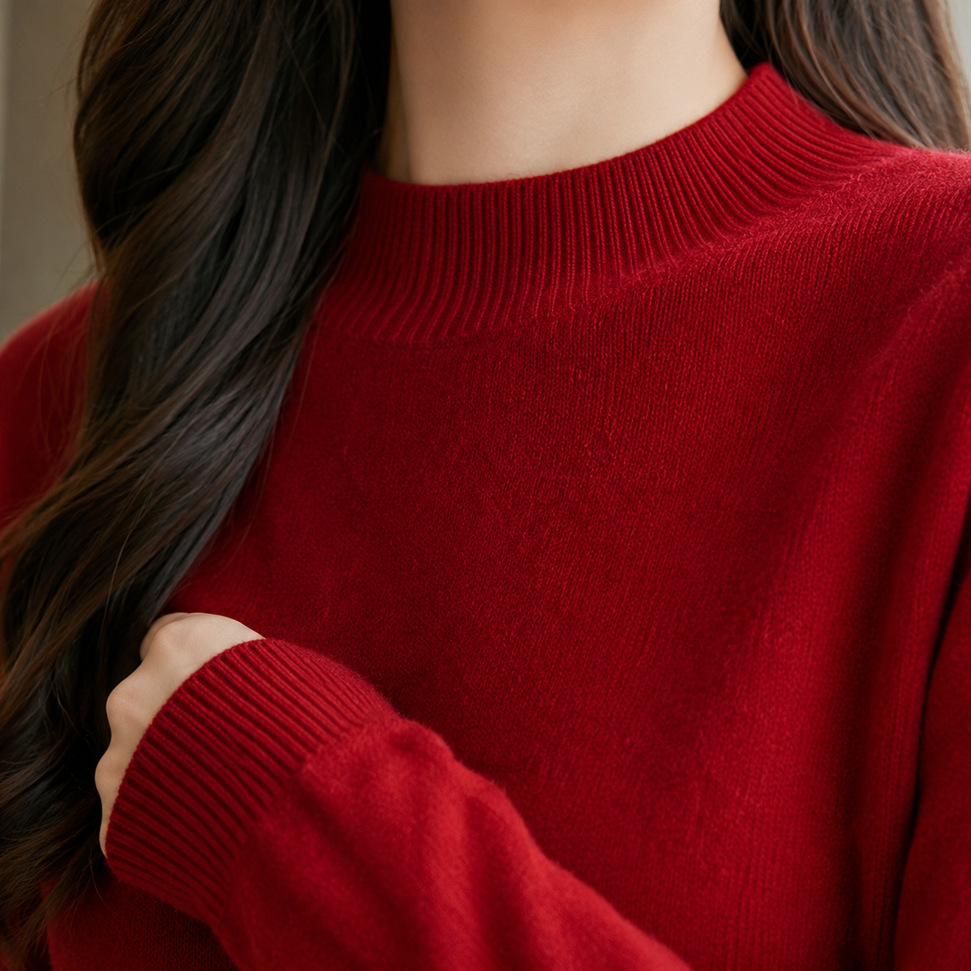 Marisa - Women's mock neck jumper in Red – close-up of neckline