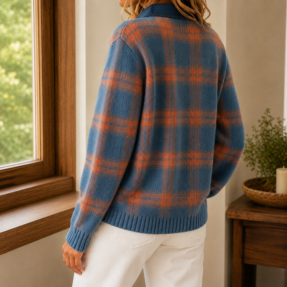 Aelwen - Women's check collared cardigan in Blue – back view