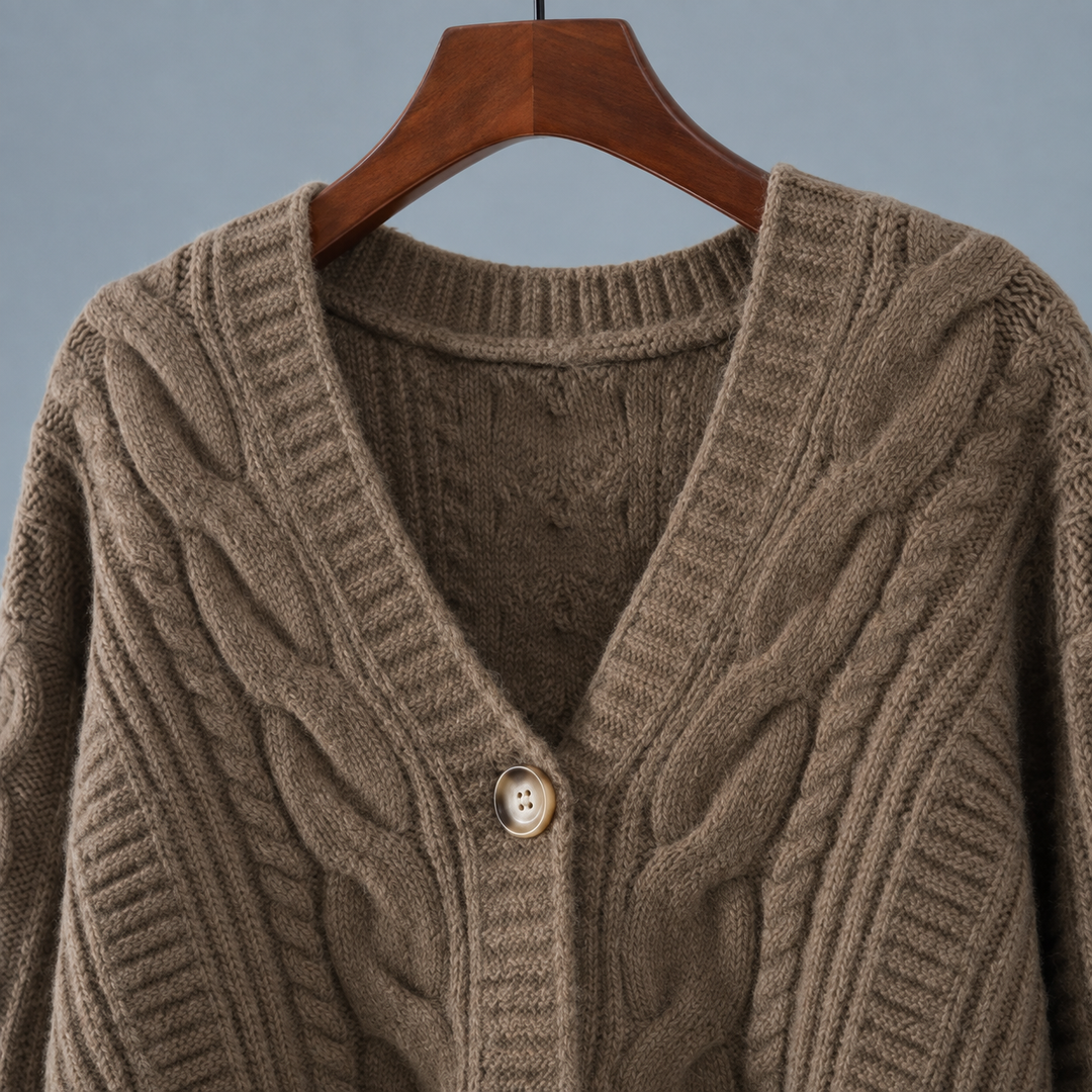 Ysella - Women's cropped cable knit cardigan in Taupe – neckline detail