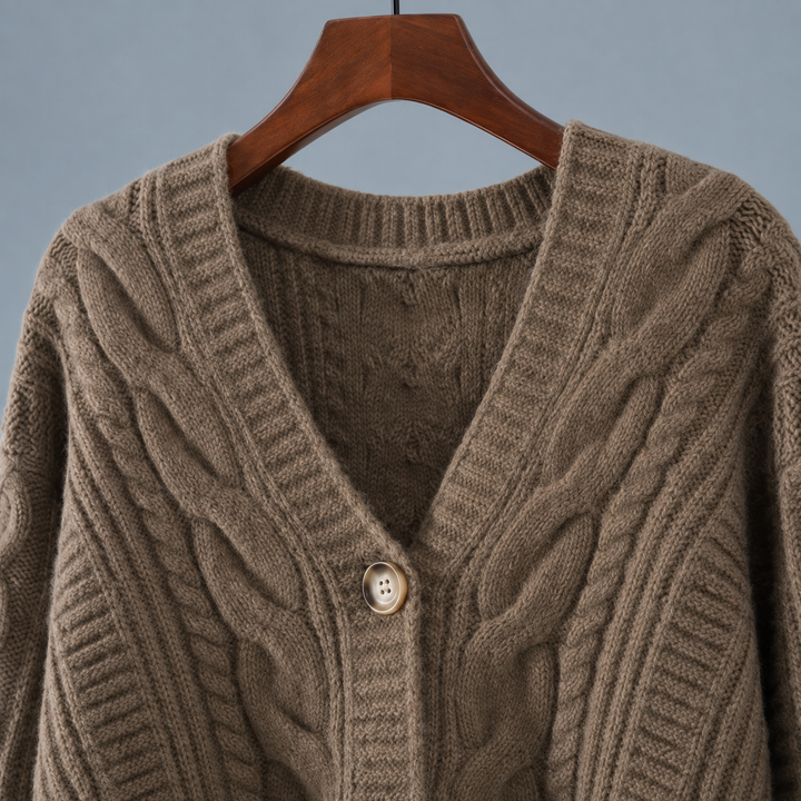 Ysella - Women's cropped cable knit cardigan in Taupe – neckline detail