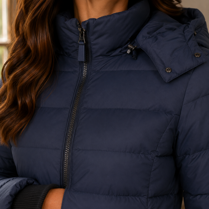Knightsbridge women's hooded puffer jacket in Navy – hood and zip detail