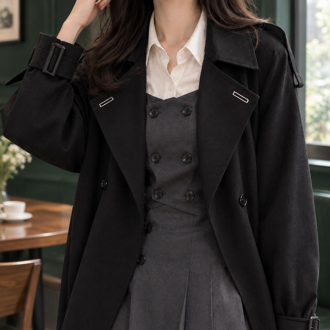 Stanhope women's trench coat in Black – close-up front view of lapels and cuff strap