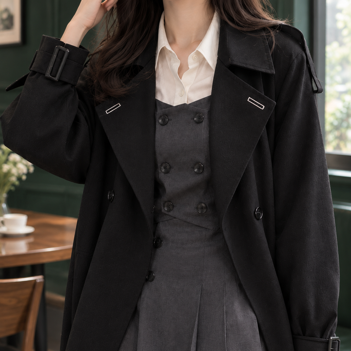 Stanhope women's trench coat in Black – close-up front view of lapels and cuff strap