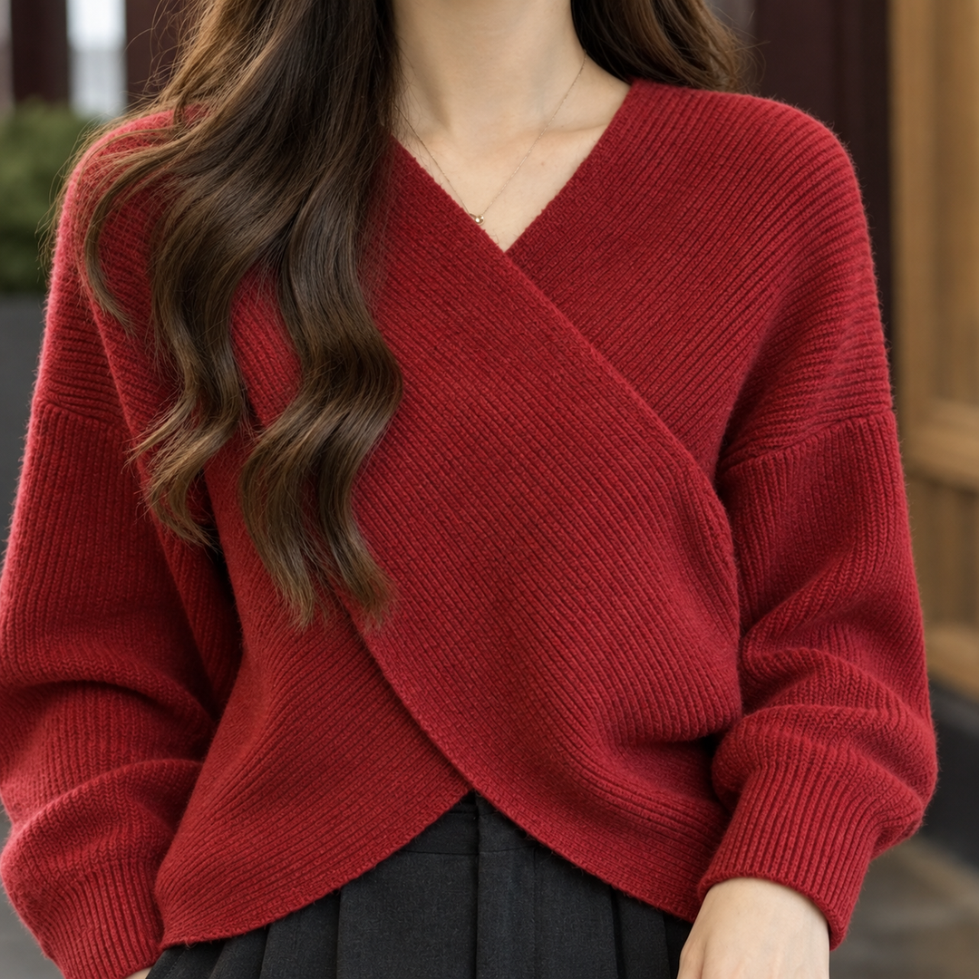 Anita - Women's crossover jumper in Red – close-up of wrap front