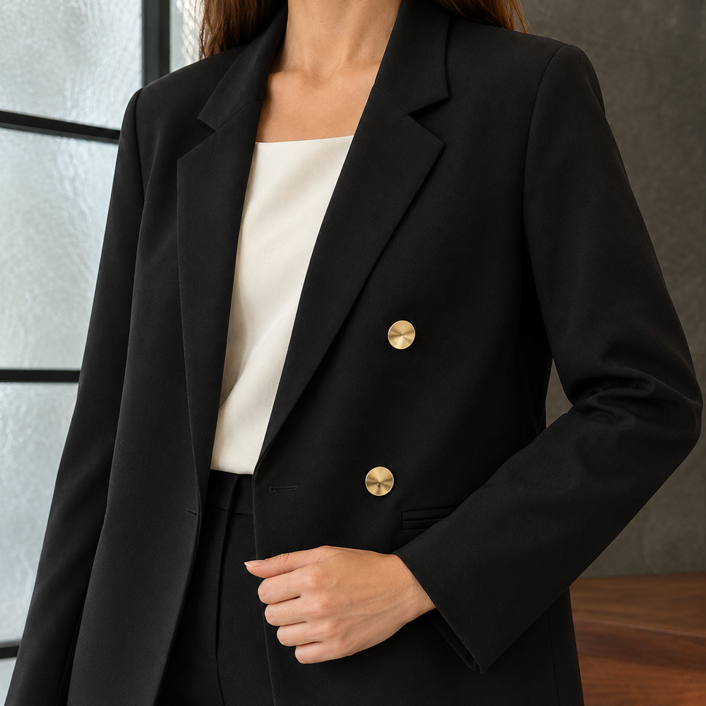 Winchcombe women's longline blazer in Black – lapel and gold-tone button close-up