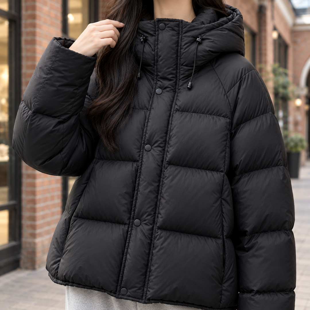 Women's Hooded Quilted Puffer Jacket – Yarmouth – Black – close-up front view