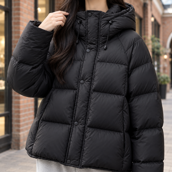 Women's Hooded Quilted Puffer Jacket – Yarmouth – Black – close-up front view