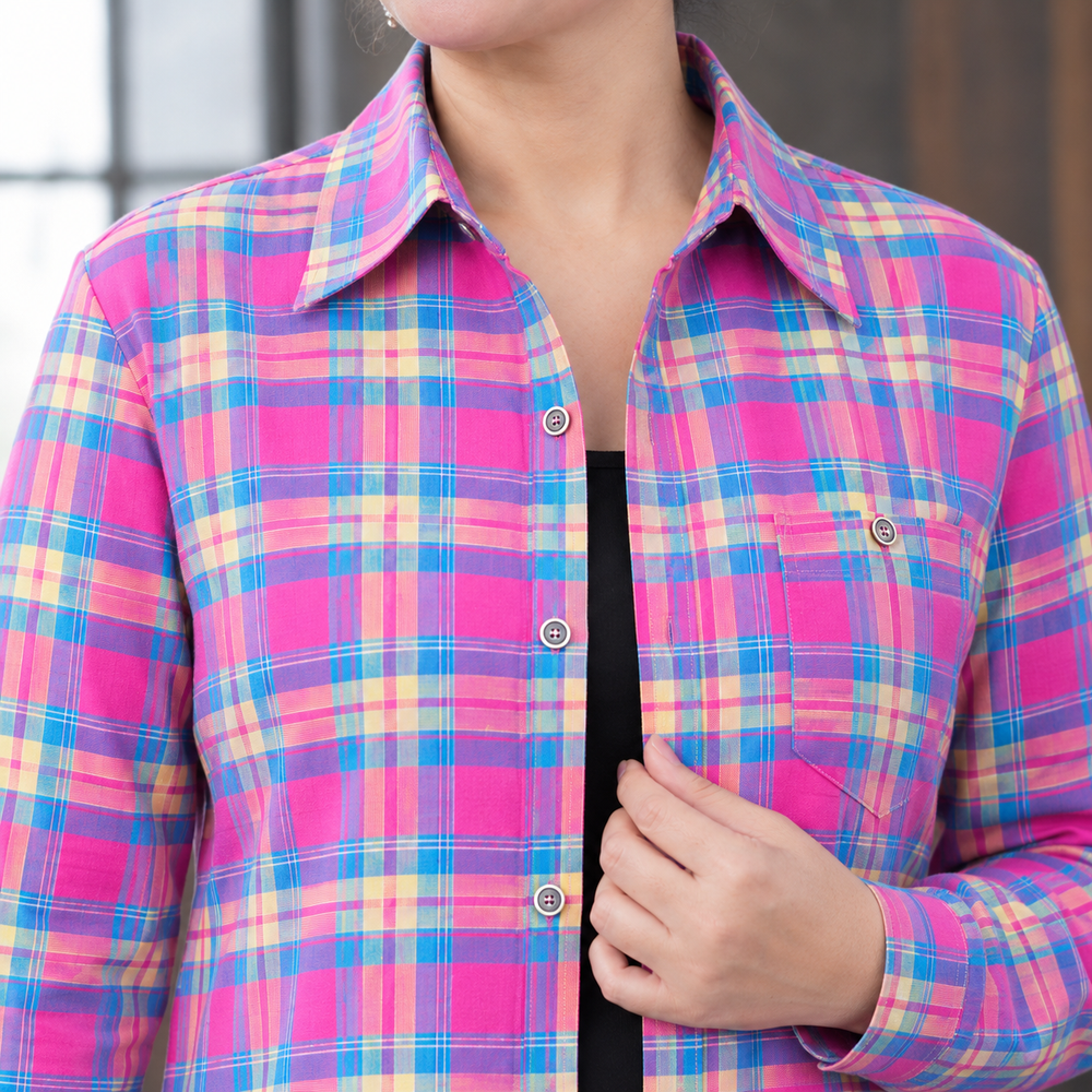 Women's Relaxed Check Plaid Button-Up Shirt Mairead – Pink Multi Plaid – close-up