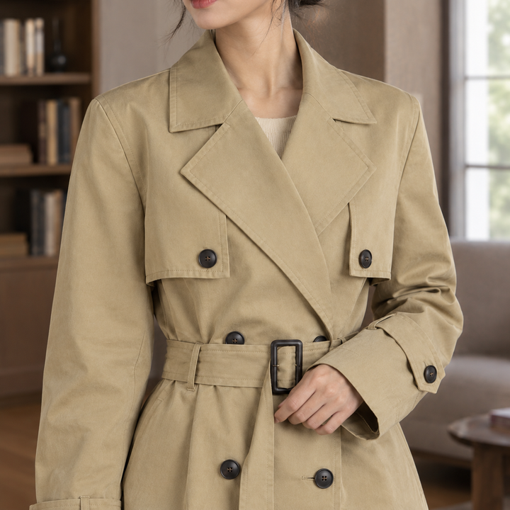 Brixham women's short trench jacket in Camel – close-up of collar and belt