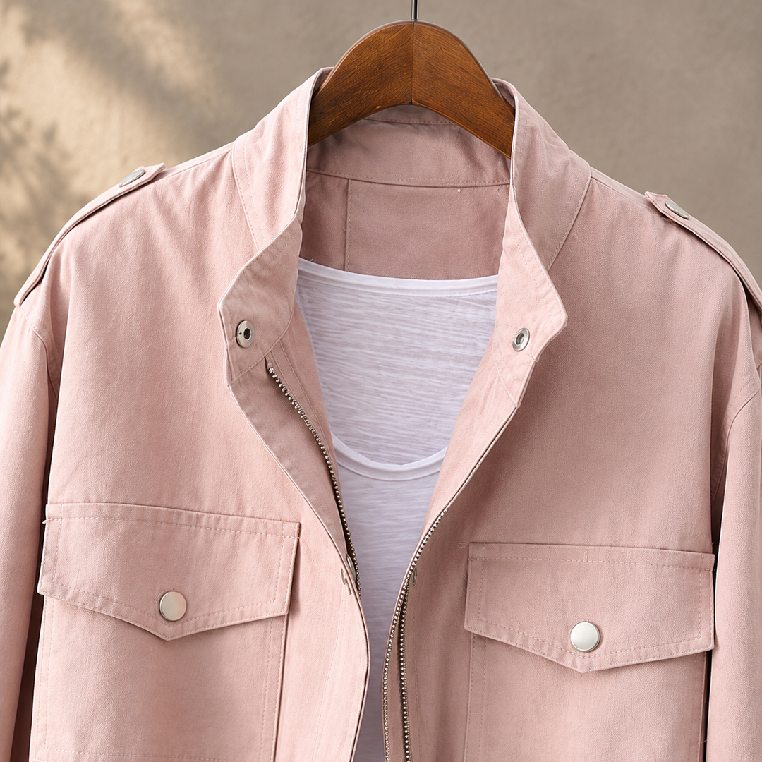 Sunningdale women's utility jacket in Blush Pink – close-up front view of stand collar and chest pockets