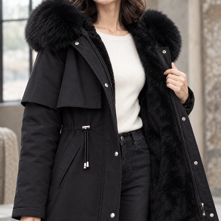 Culross women's hooded parka in Black – hood and lining close-up