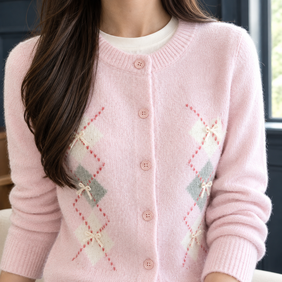 Women's Argyle Crew Neck Cardigan with Bows – Malvina – Pink – close-up