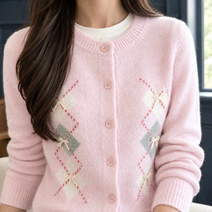 Women's Argyle Crew Neck Cardigan with Bows – Malvina – Pink – close-up