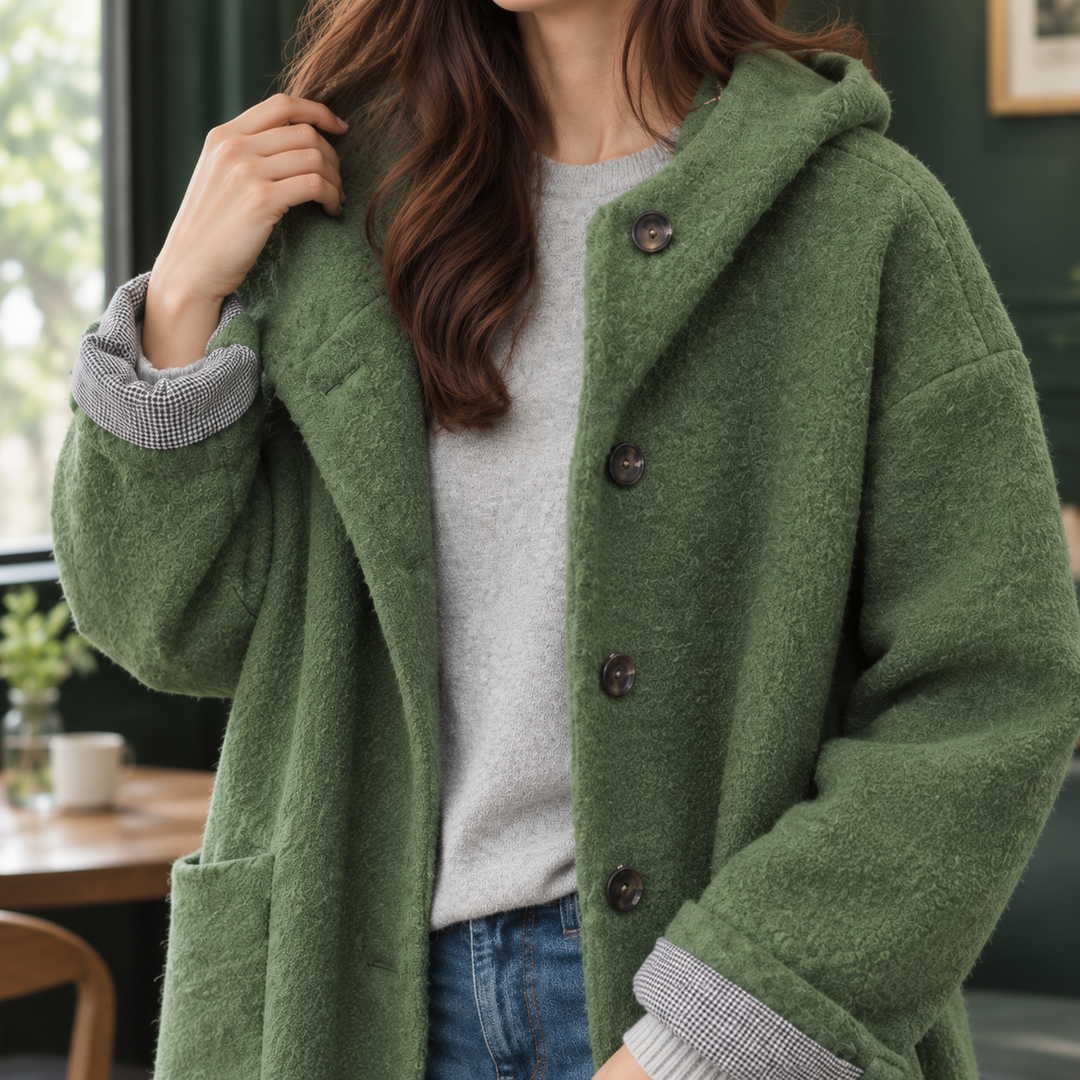 Cirencester women's hooded coat in Moss Green – close-up front view