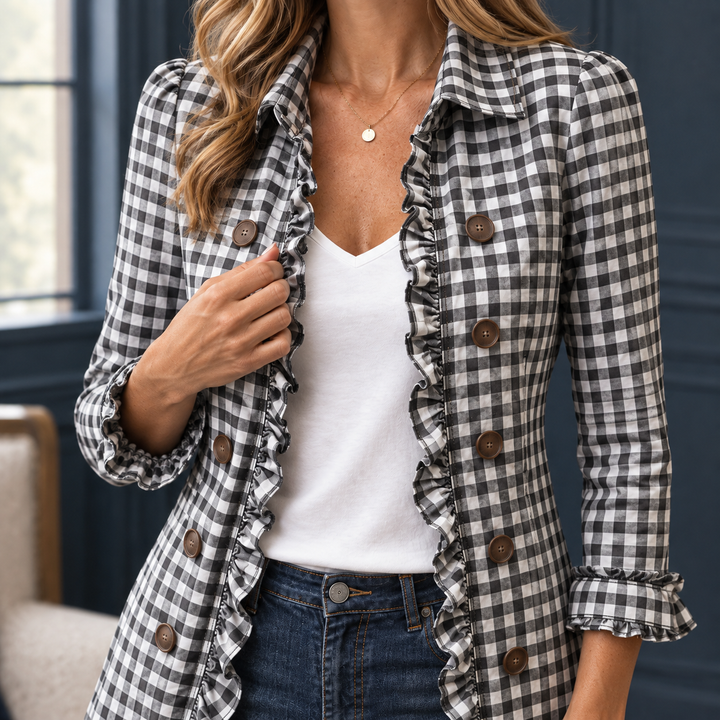 Women's Gingham Ruffle-Trim Longline Jacket Laurel – Black Check – close-up