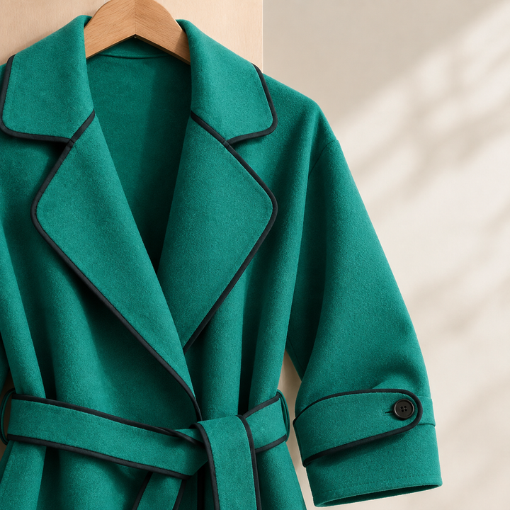 Wantage women's wrap coat in Emerald – close-up front view of piping