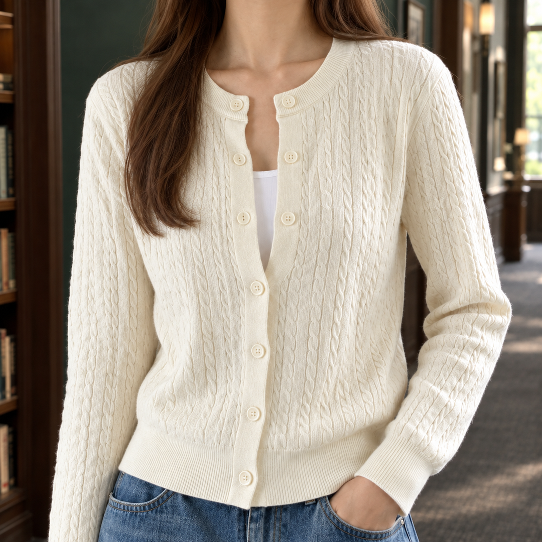 Women's Fine Cable Knit Crew Neck Button-Through Cardigan – Ceridwen – Ivory – detail view