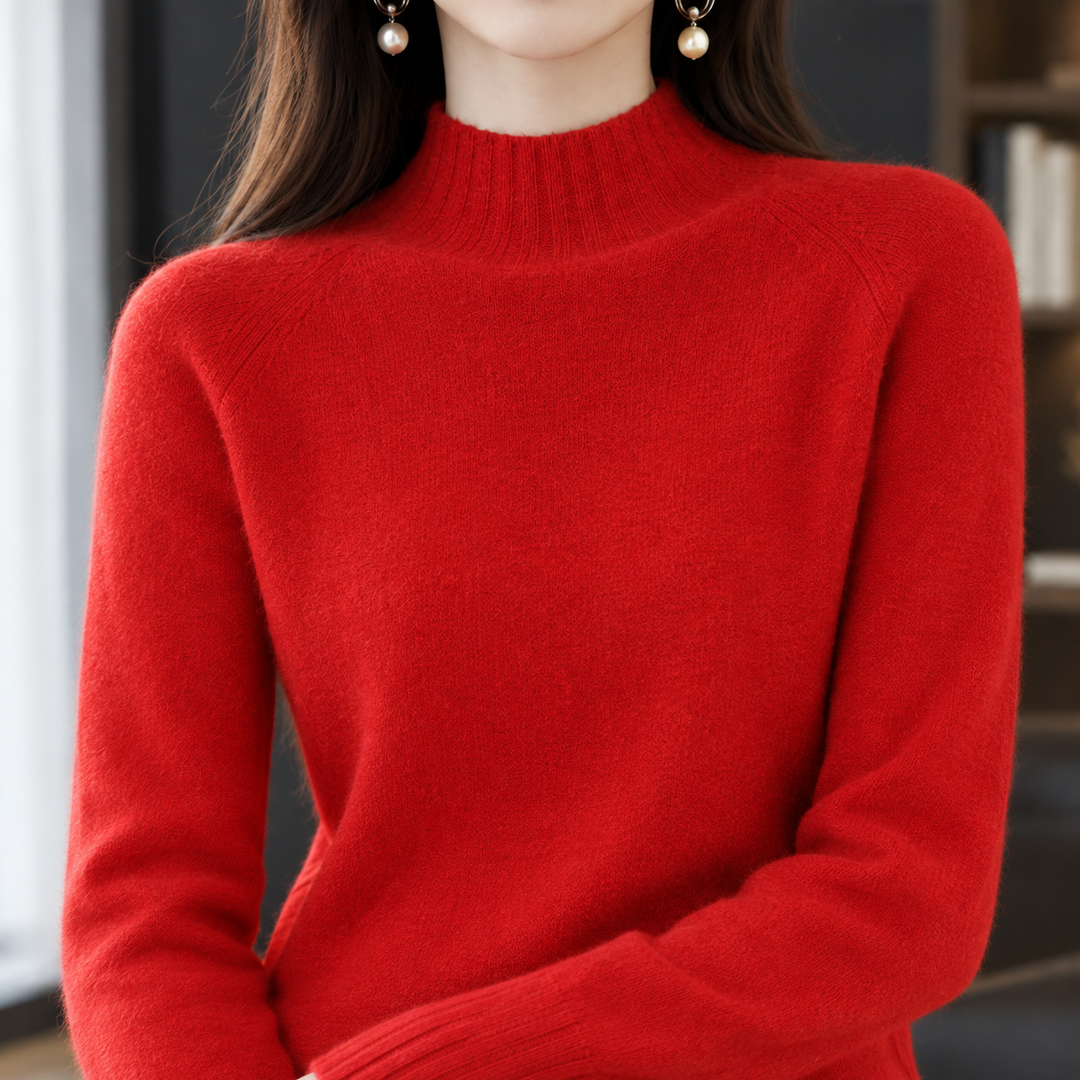 Women's Cashmere Mock Neck Jumper with Raglan Sleeves – Wilma – Red – close-up