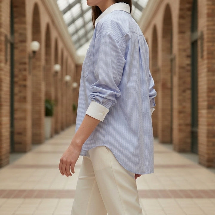 Women's Striped Contrast Collar Oversized Shirt Annelise – Blue – side back