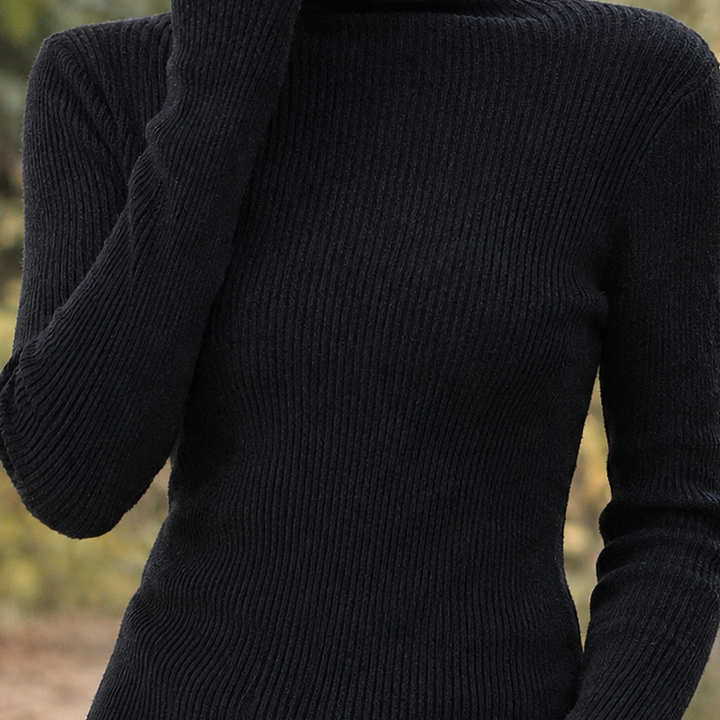 Carole - Women's ribbed roll neck jumper in Black – rib knit detail