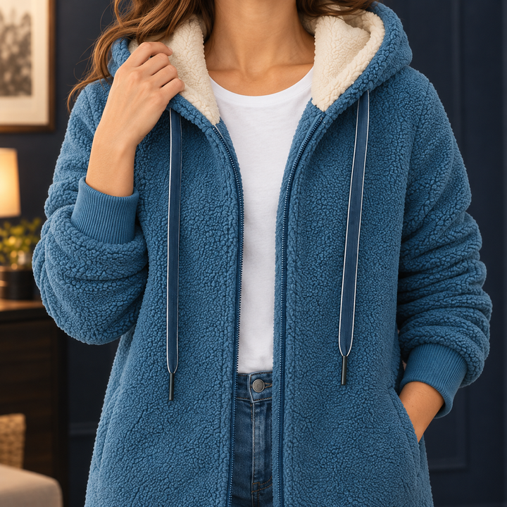Helmsley women's hooded fleece jacket in Blue – lined hood and drawstring detail