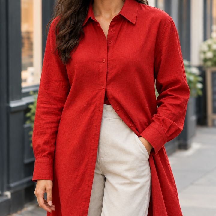 Women's Longline Midi Button-Up Shirt Idalia – Red – close-up
