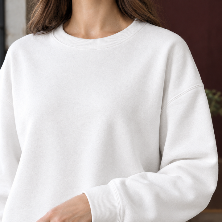 Women's Relaxed Drop-Shoulder Crew Neck Sweatshirt – Marsaili – White – detail view