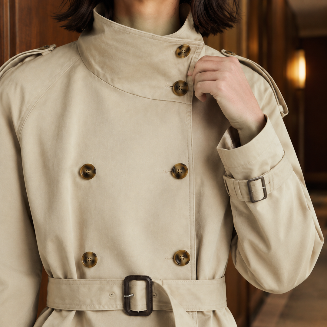 Rothesay women's trench jacket in Stone – close-up front view of collar and belt