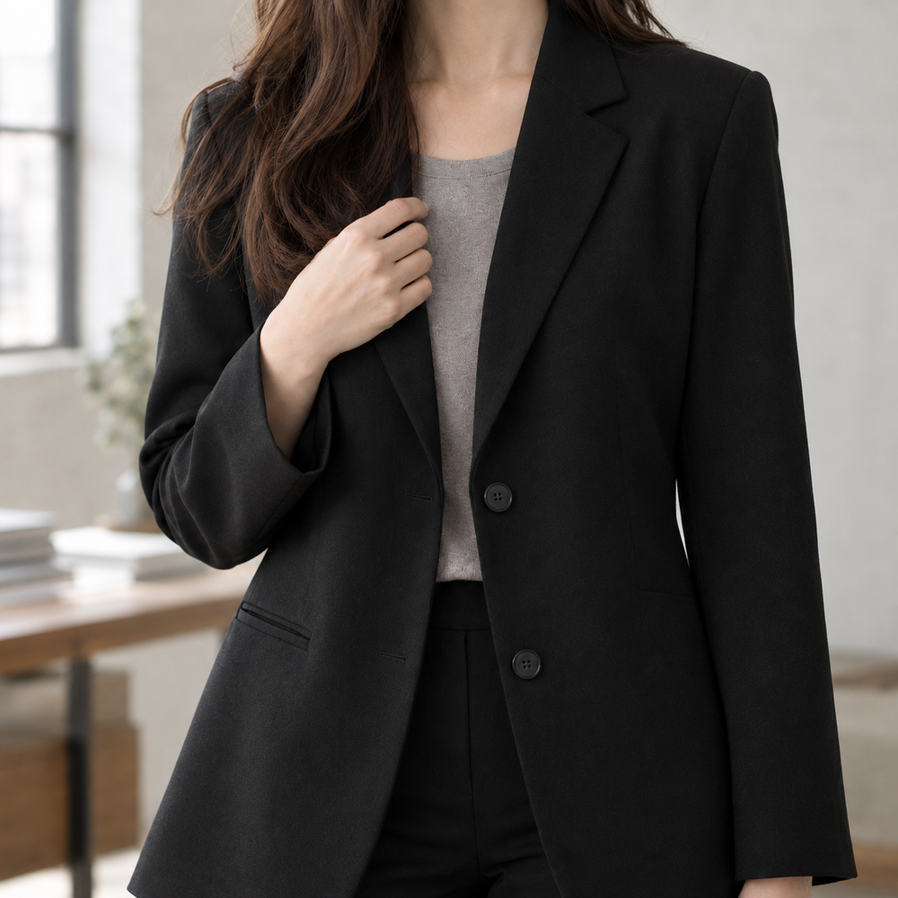 Southwold women's relaxed blazer in Black – lapel and button close-up