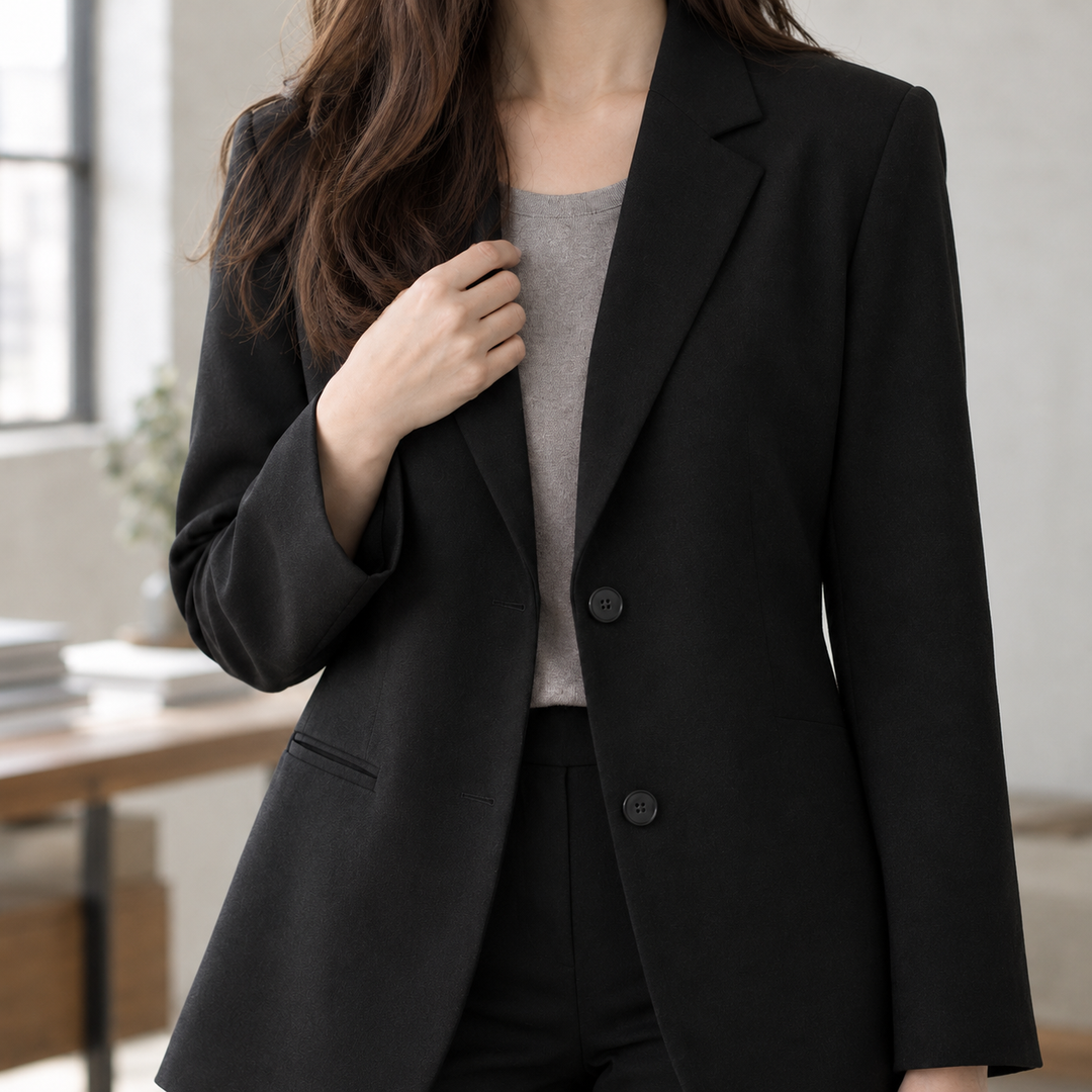Southwold women's relaxed blazer in Black – lapel and button close-up