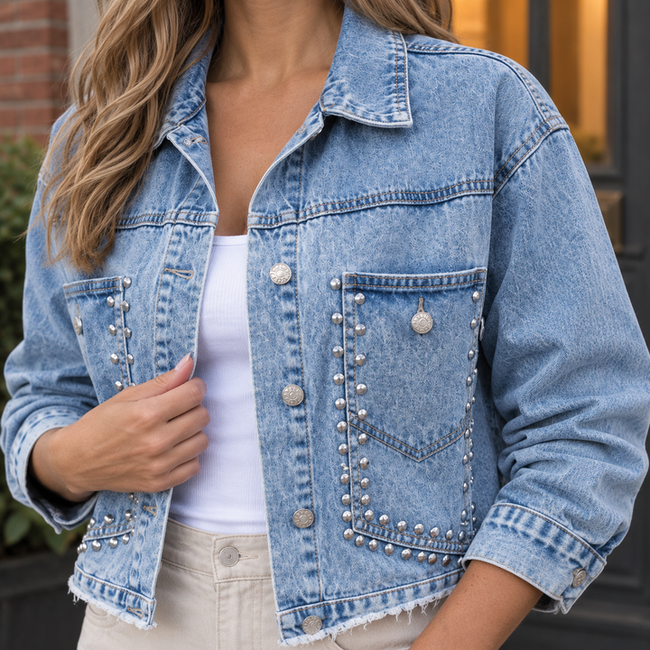 Walberswick women's studded denim jacket in Light Blue – stud and chest pocket close-up