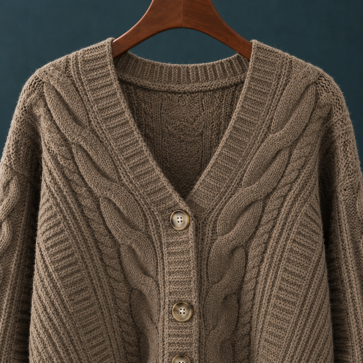 Women's Cropped Cable Knit V-Neck Cardigan – Branwen – Taupe – detail view