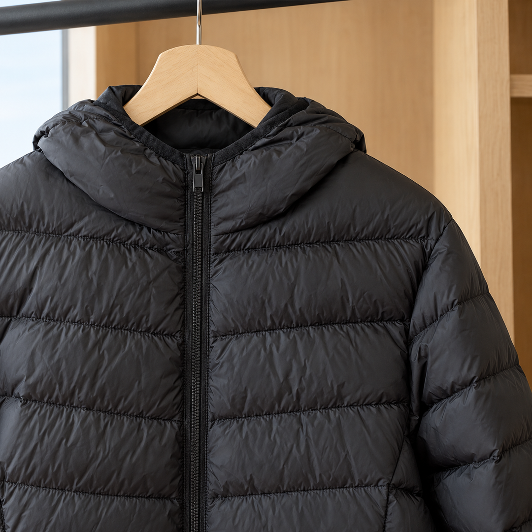Rothbury women's hooded puffer jacket in Black – hood and zip close-up