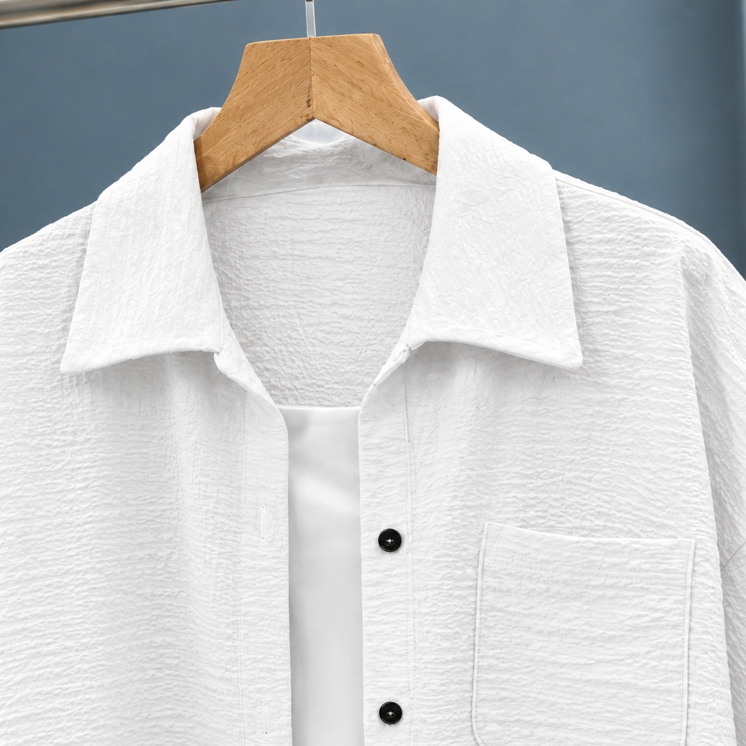 Women's Cropped Textured Short Sleeve Boxy Shirt Karen – White – detail