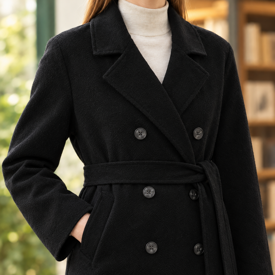 Newquay women's belted coat in Black – close-up front view of lapels and belt