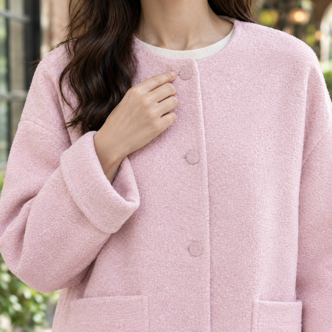 Chichester women's wool jacket in Pink – button and neckline close-up