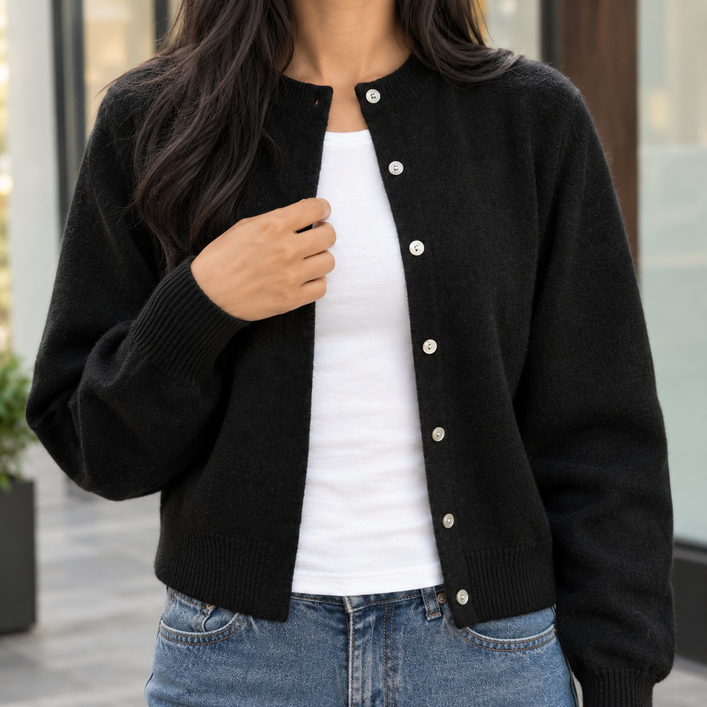 Kerensa - Women's crew neck cardigan in Black – alternate front view