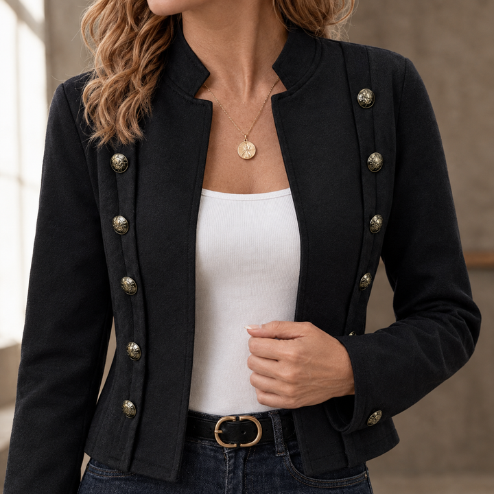 Tobermory women's military jacket in Black – stand collar and double-button detail close-up