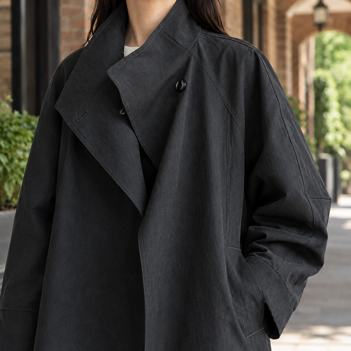 Prestbury women's longline overcoat in Charcoal – detail view