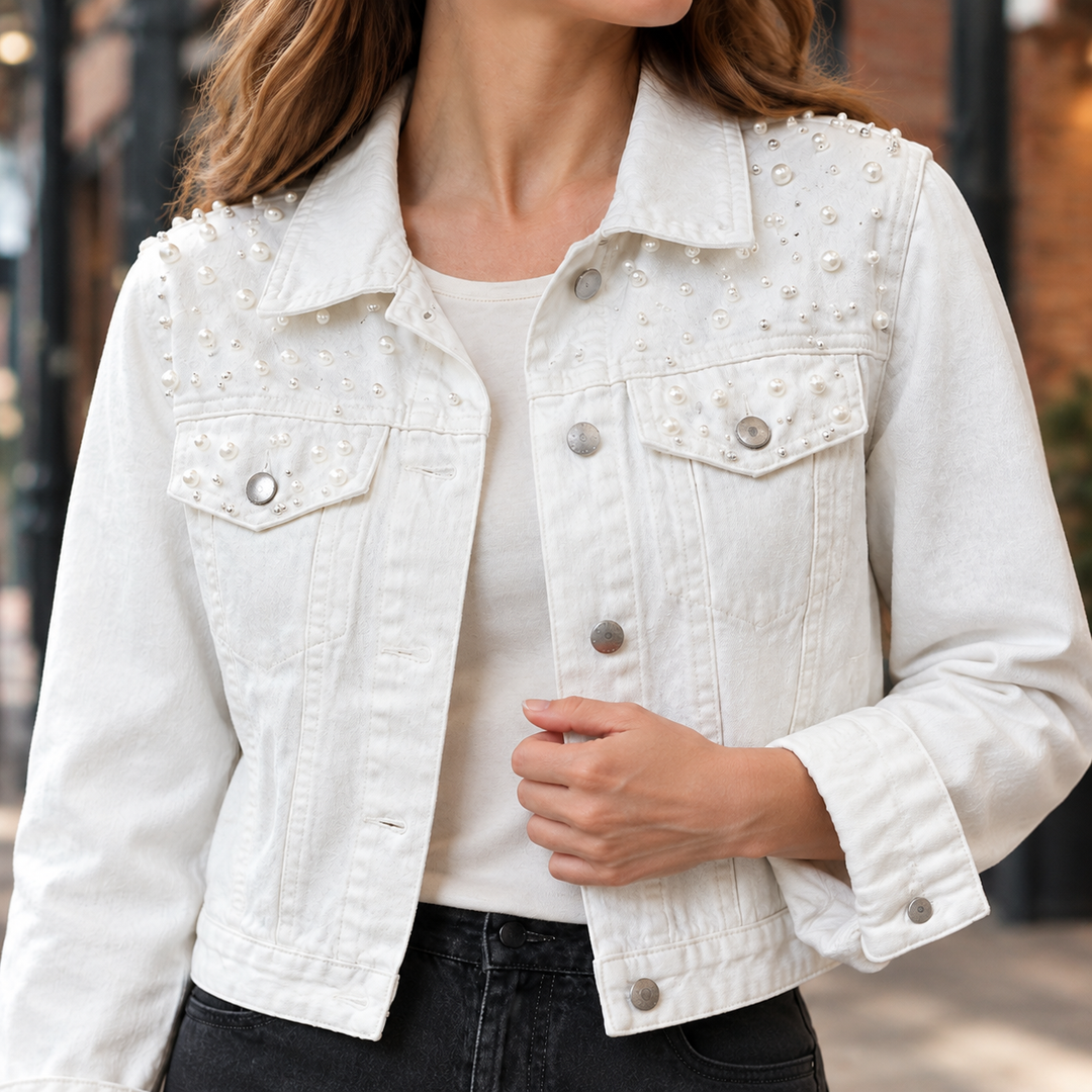 Women's Cropped Denim Jacket with Pearl Embellishment – Llandeilo – White – pearl detail view