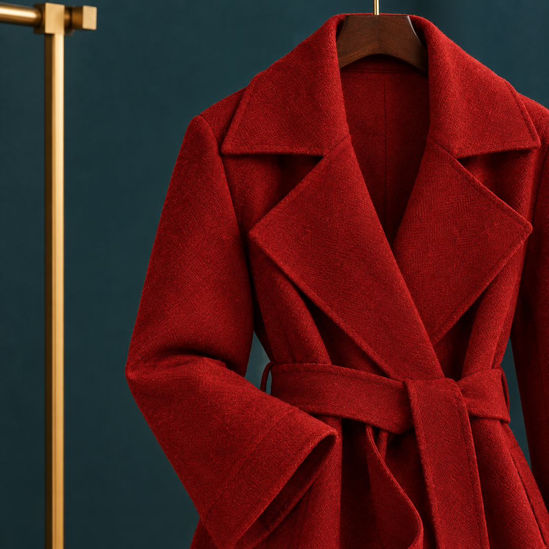 Woodstock women's wool wrap coat in Brick Red – lapel, belt and flared sleeve close-up