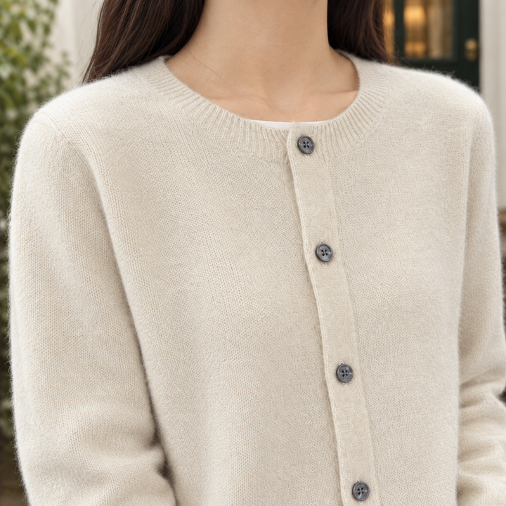 Women's Wool Crew Neck Button-Through Cardigan – Gwenllian – Cream – close-up of buttons and neckline