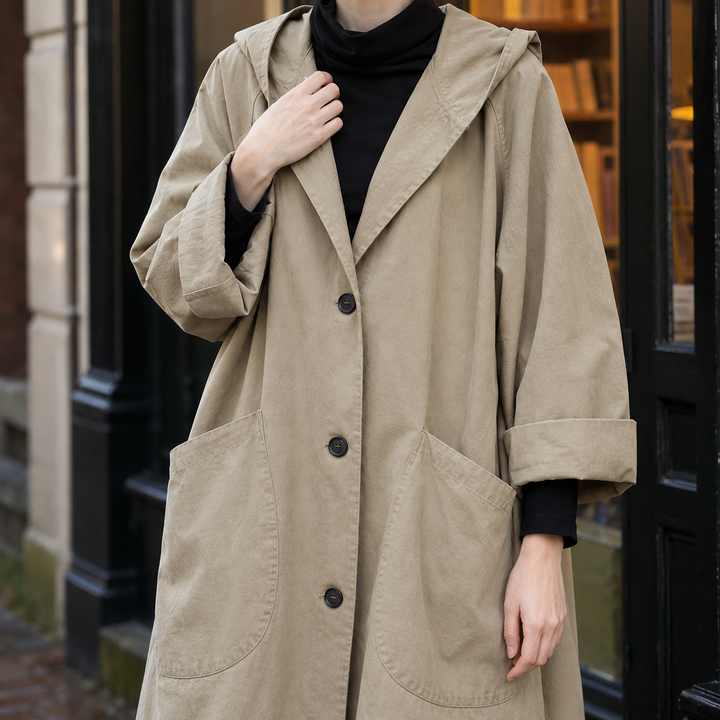Camberley women's hooded longline coat in Stone – close-up of hood and buttons